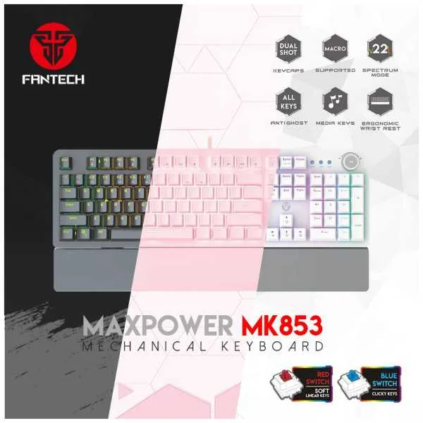 Teclado Gaming Fantech (Mod.MK853v2 MAXPOWER ROSADO, Switch Azul), 104 Teclas Mecanicas,RGB color - Imagen 2