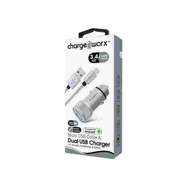 Cargador_para_Carro_ChargeWorx_Dual_USB_3.4A_Total_Cable_Micro_USB_3ft_Plateado_Con_Martillo_de_Emergencia Cargador para Carro ChargeWorx Dual USB | 3.4A Total | Cable Micro USB 3ft | Plateado | Con Martillo de Emergencia - Imagen 1
